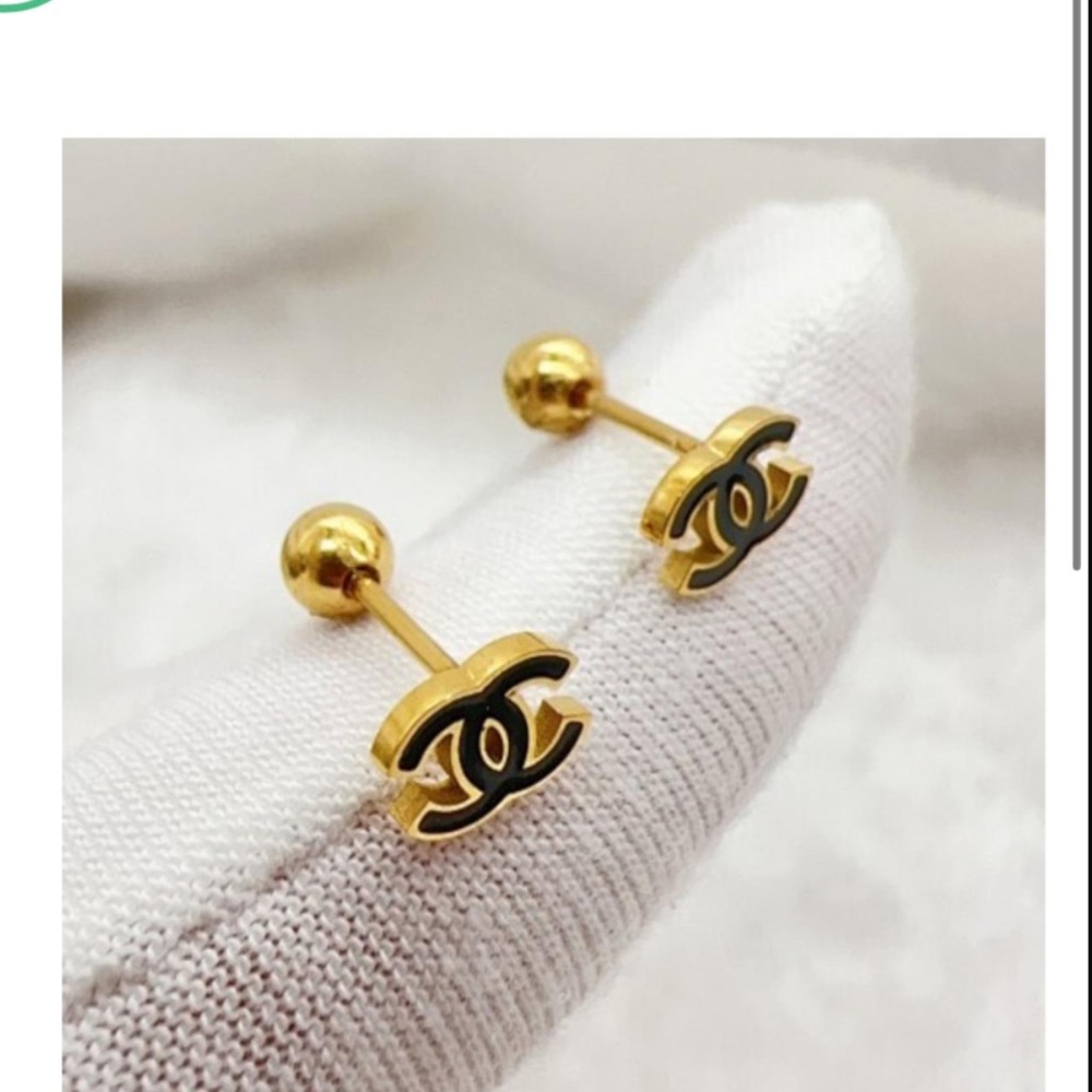 Gold and Black Logo Stud Earrings